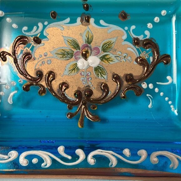 Italian Glass Ashtray Ornate Blue Gold Floral Made in Italy Vintage - Picture 3 of 11